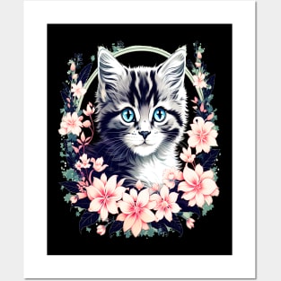 Black and Grey Kitten Surrounded by Spring Flowers Posters and Art